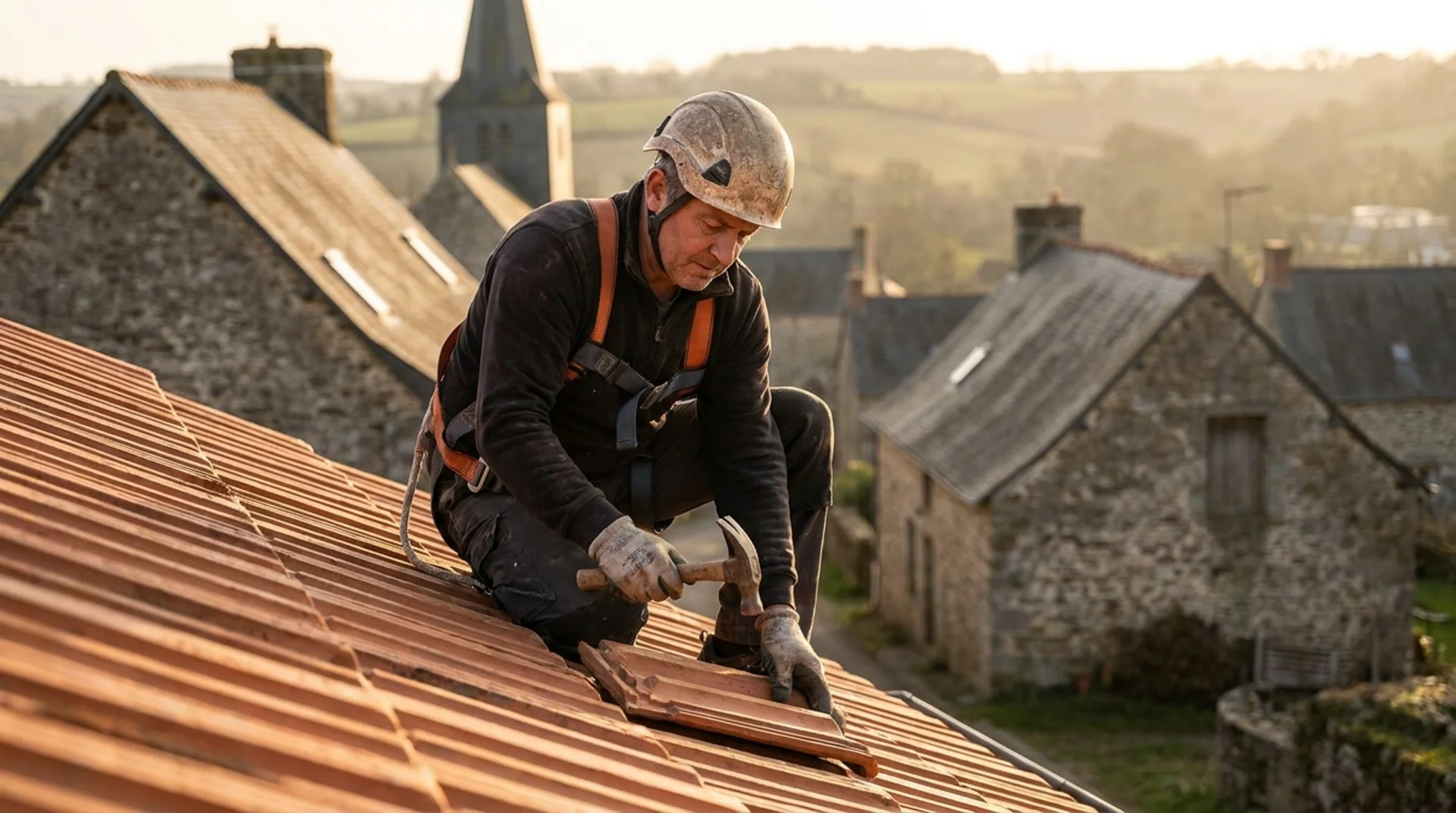 Charpentier couvreur Arts et Bois sur une toiture tuiles dans un village sarthois au coucher du soleil